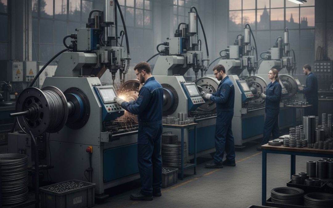 fabricación de resortes industriales en taller con maquinaria CNC y operarios trabajando